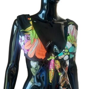 Trina Turk Bouquet Floral Print Cap Sleeve Tie Front Bikini Top | TT8WR88 | Sz 8